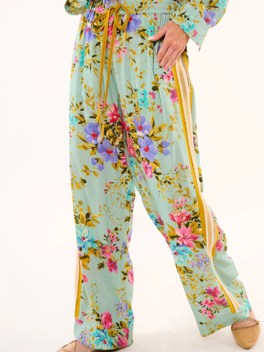 Aratta Eva’s Charm Floral Wide Leg Pants Gold Trim Boho 🌸 Est Small